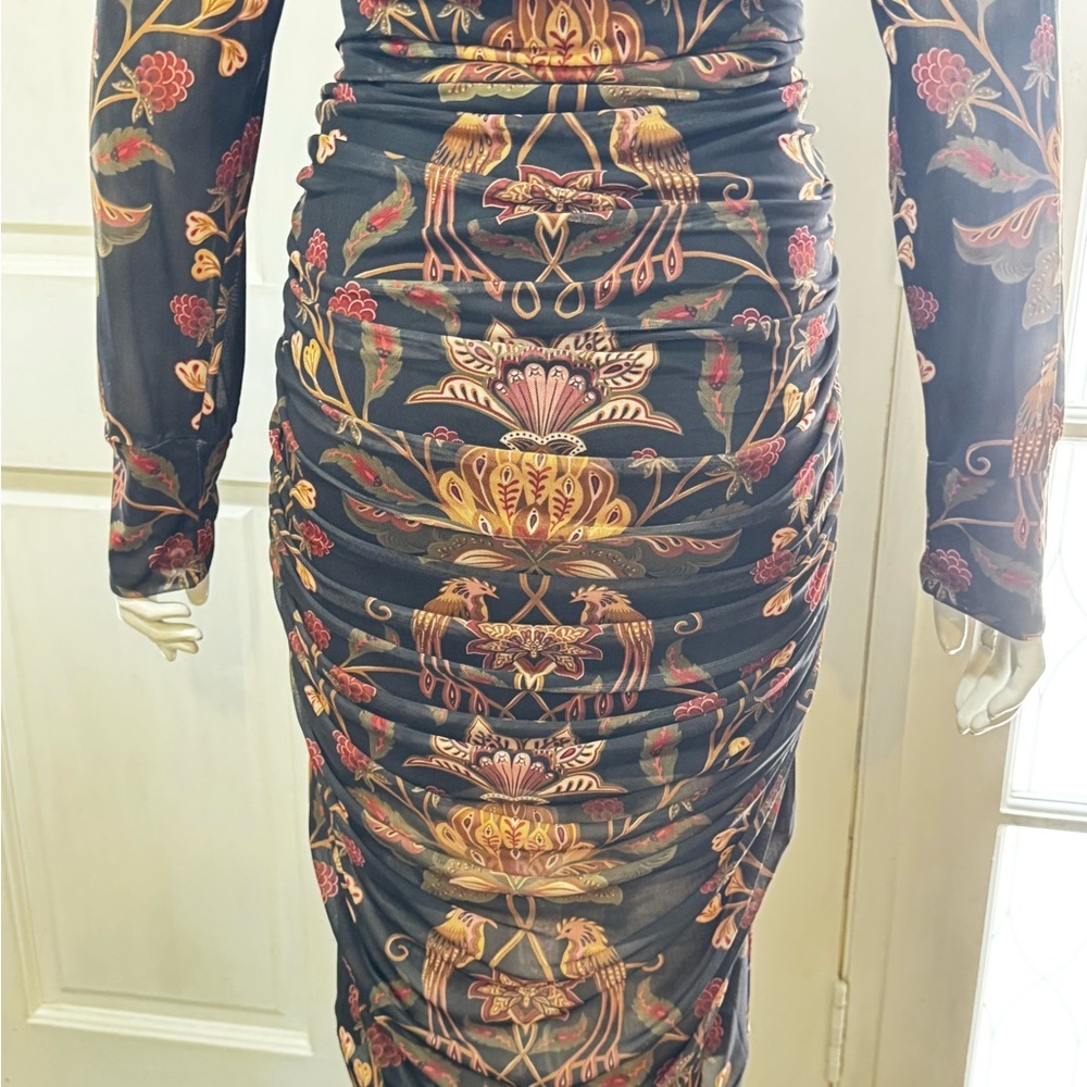 Farm Rio Transparent Berry Garden Long Sleeve Ruched Dress Size XL - Picture 9 of 14